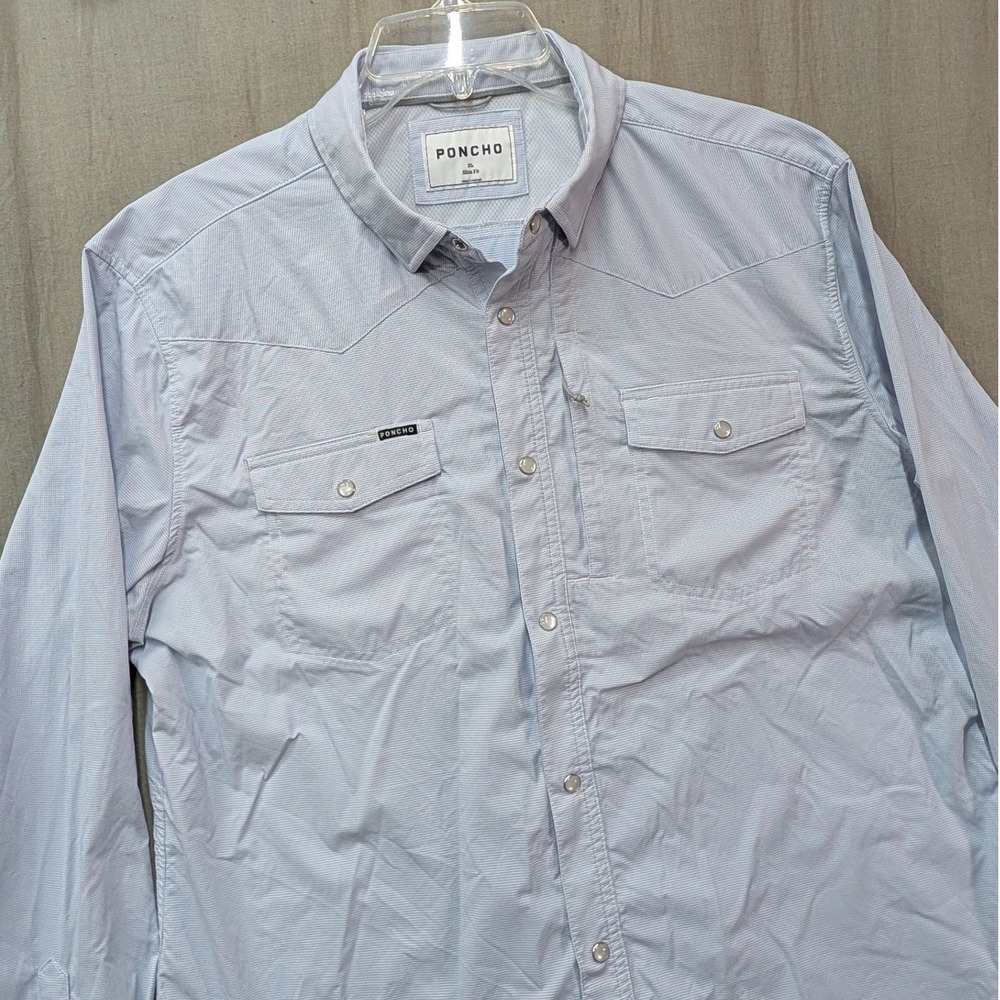 Poncho Outdoors Western Shirt Mens XL Slim Fit Blue Micro Check Pearl Snap LS